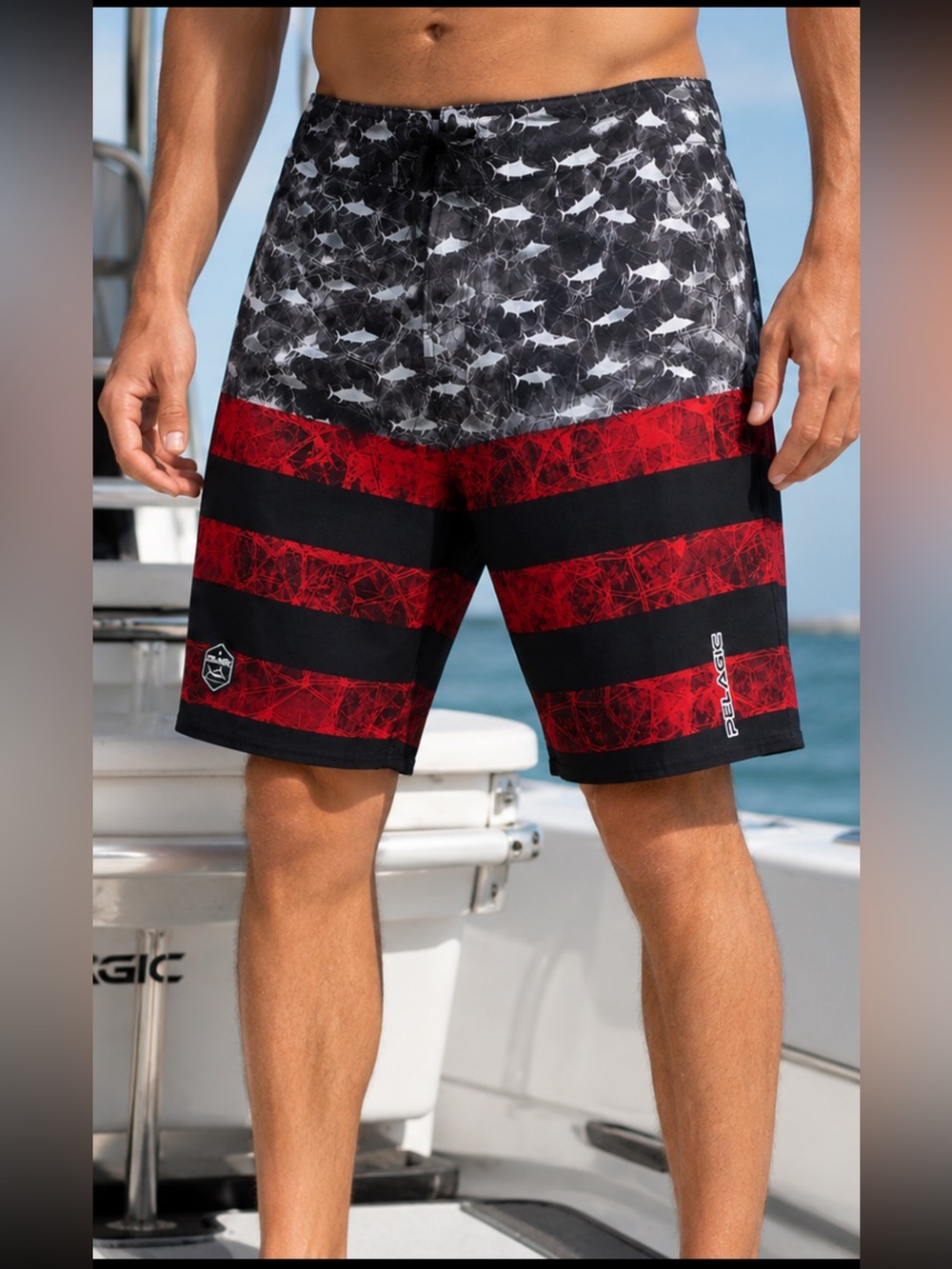 Pelagic Sharkskin Boardshorts Men’s 32 Fishing Swim Trunks Shark Print Stretch
